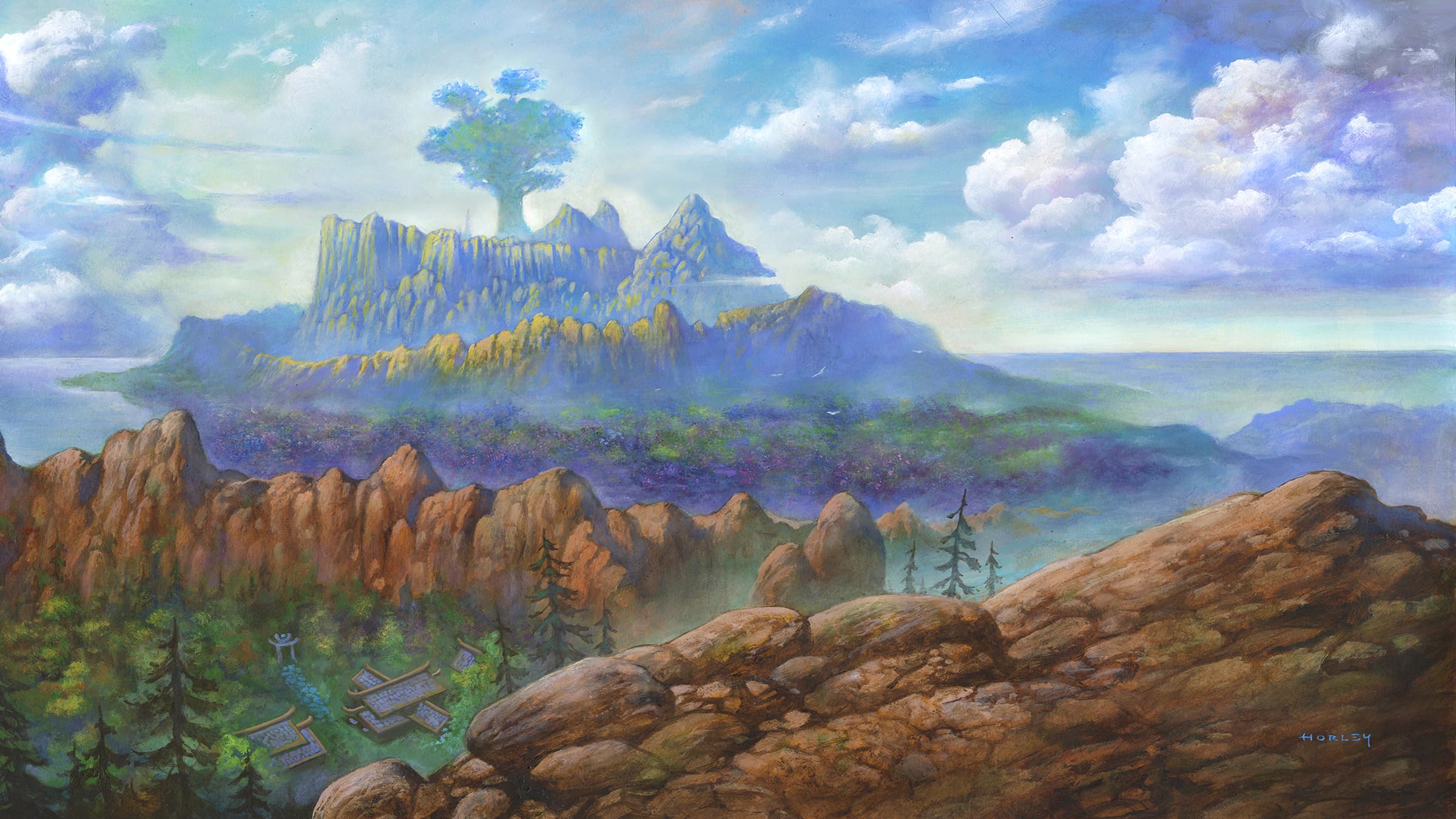 Painted vista of mountains and forest under a wide sky